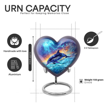 Misty Blue Dolphin Cremation Urn front view showing detailed design - heart-shaped dolphin design symbolizing eternal love - mini keepsake memorial for portion of cremation ashes
