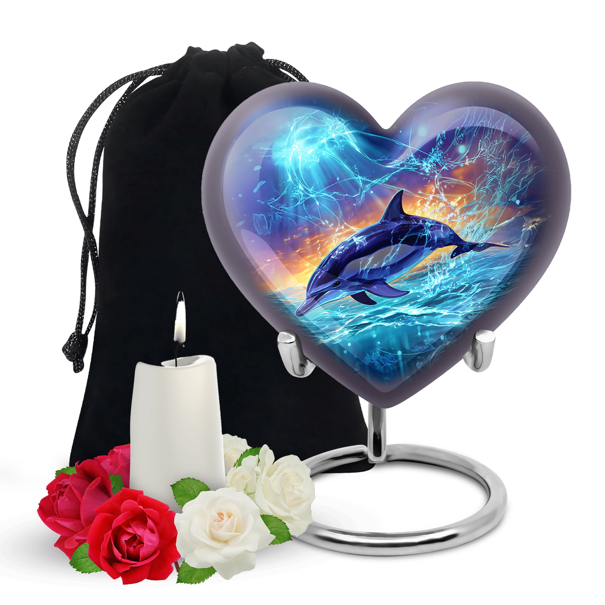 Azure Dolphin Cremation Urn detail view - loving heart memorial featuring dolphin pattern - full-size 10 inch 200 cubic inch adult cremation urn