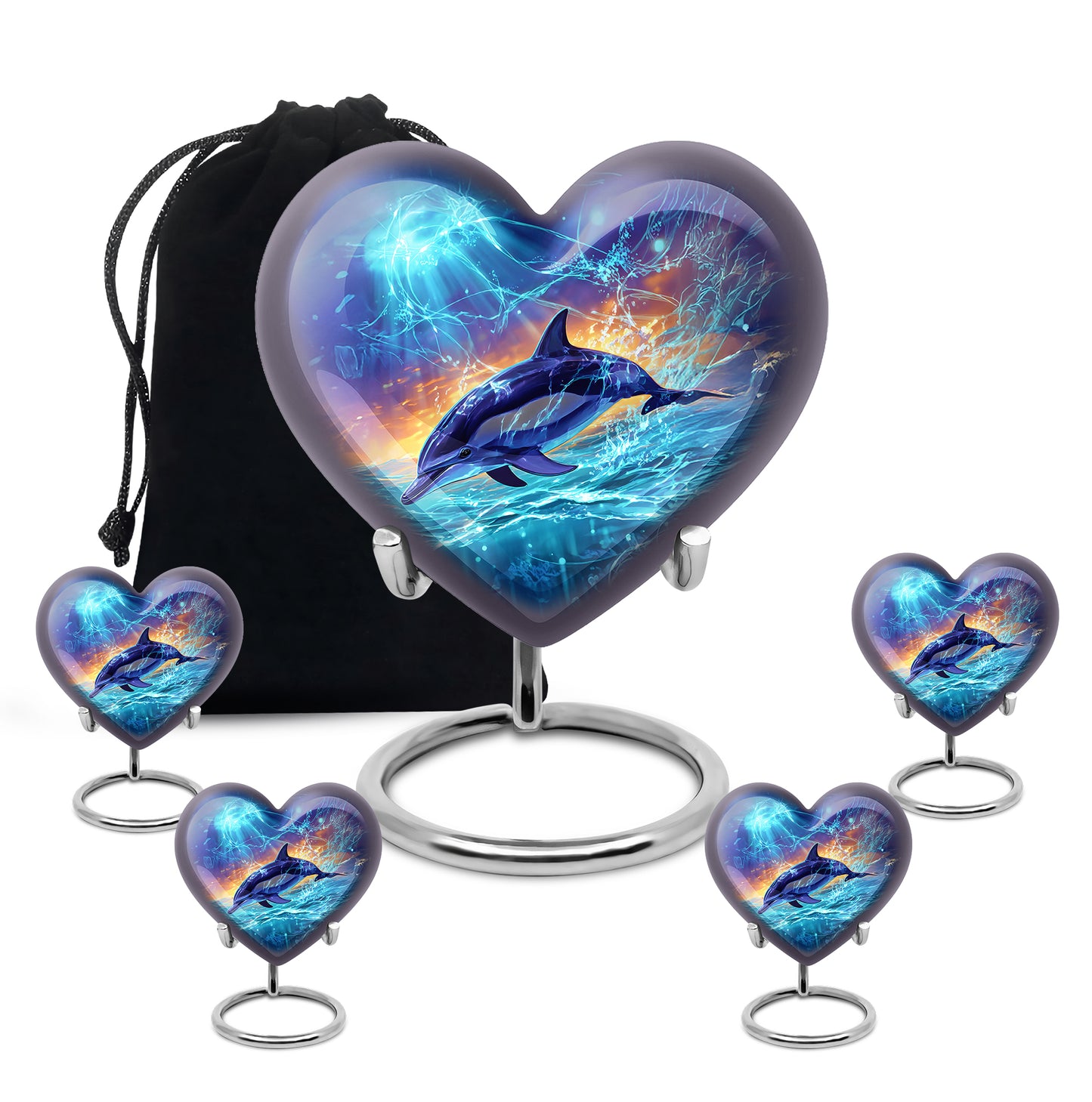 Misty Blue Dolphin Cremation Urn close-up of engraving and surface detail - heart-shaped dolphin design symbolizing eternal love - memorial set with one large and four small urns
