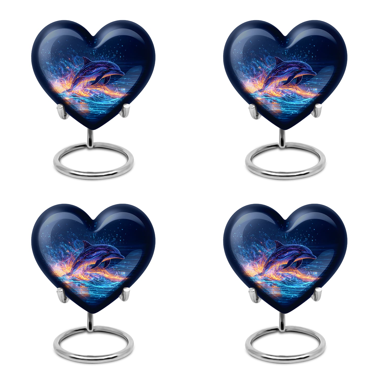 Bright Blue Dolphin Cremation Urn angled view of lid and engraved motif - compassionate heart-dolphin combination with gentle curves - 10 inch aluminum urn for cremated remains