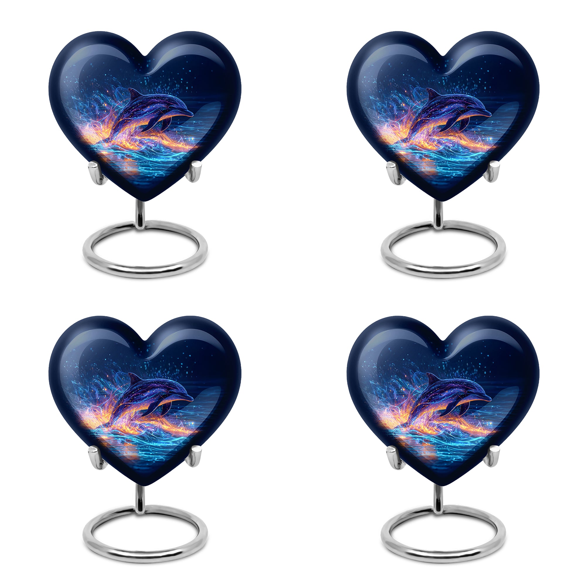 Bright Blue Dolphin Cremation Urn angled view of lid and engraved motif - compassionate heart-dolphin combination with gentle curves - 10 inch aluminum urn for cremated remains