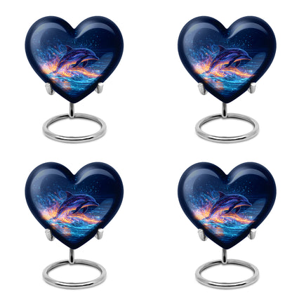 Bright Blue Dolphin Cremation Urn angled view of lid and engraved motif - compassionate heart-dolphin combination with gentle curves - 10 inch aluminum urn for cremated remains
