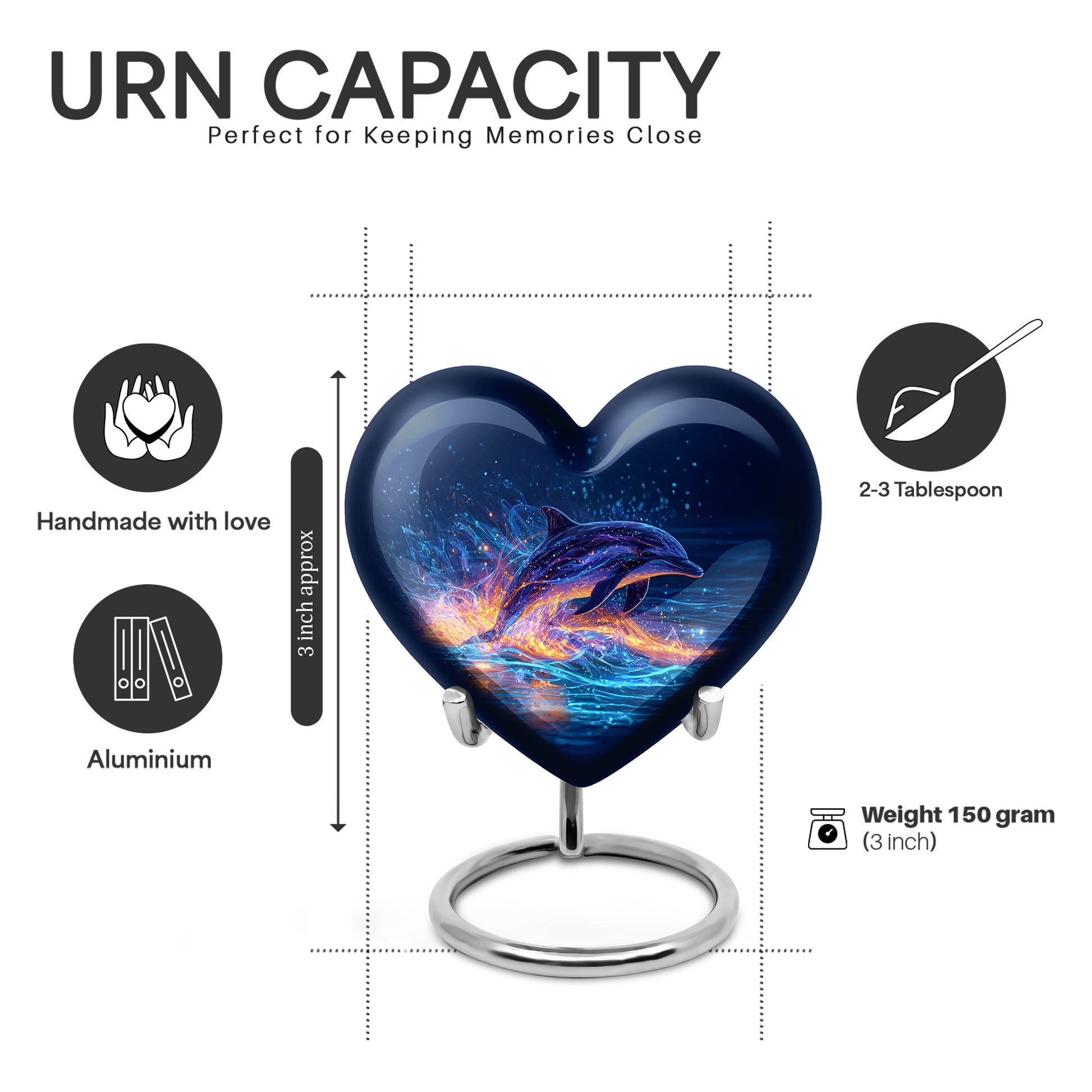 Bright Blue Dolphin Cremation Urn front view showing detailed design - romantic heart urn with dolphin motif on aluminum - mini keepsake memorial for portion of cremation ashes