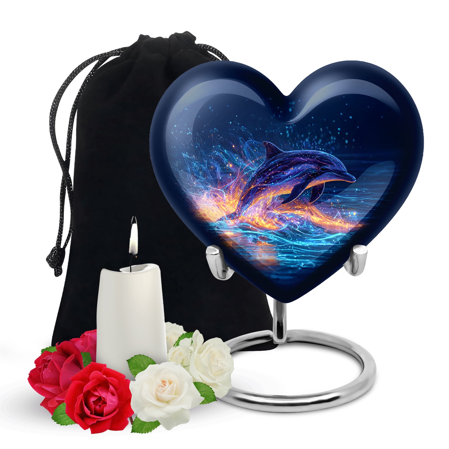 Icy Blue Dolphin Cremation Urn detail view - loving heart memorial featuring dolphin pattern - full-size 10 inch 200 cubic inch adult cremation urn