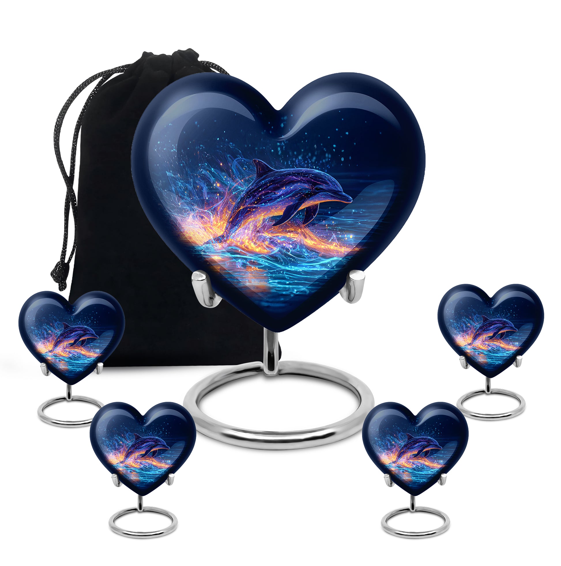 Dusty Blue Dolphin Cremation Urn close-up of engraving and surface detail - loving heart memorial featuring dolphin pattern - memorial set with one large and four small urns