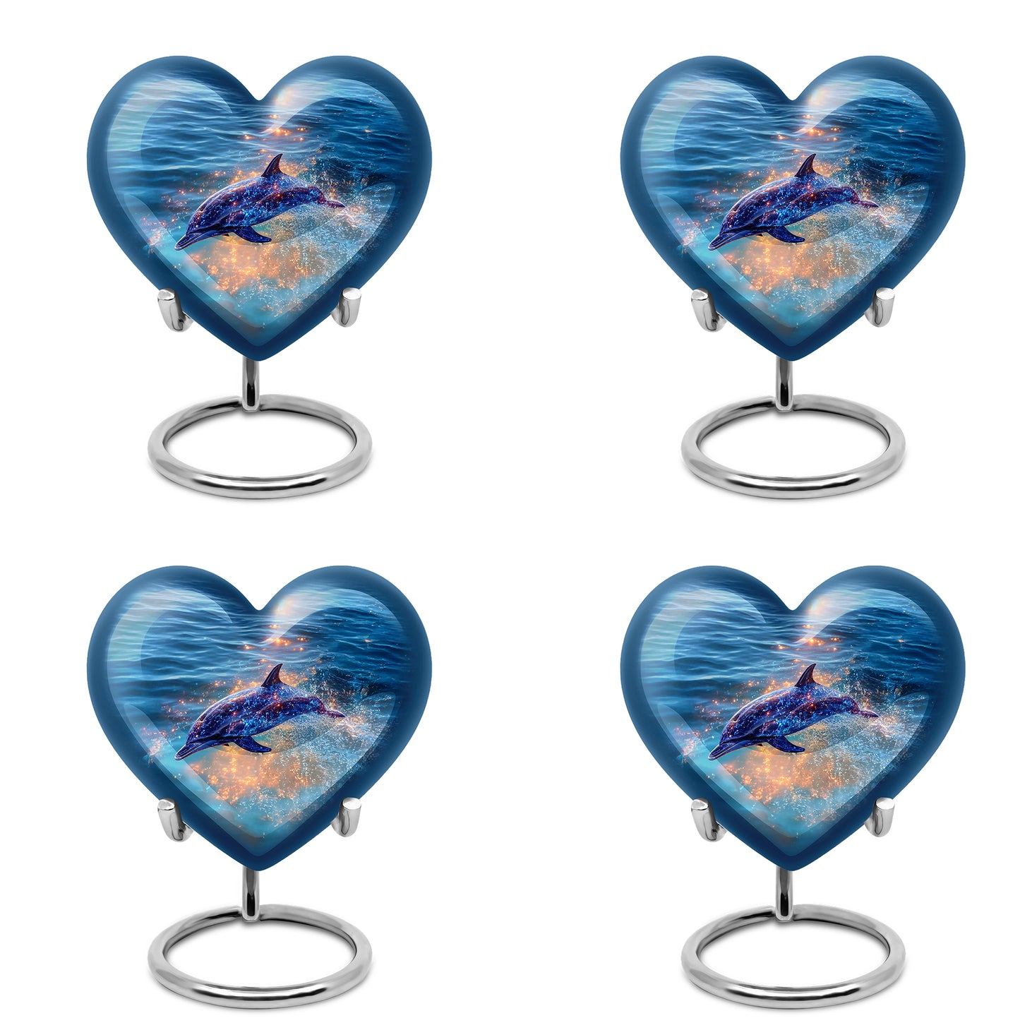 Sky Blue Dolphin Cremation Urn angled view of lid and engraved motif - heart-shaped dolphin design symbolizing eternal love - 10 inch aluminum urn for cremated remains