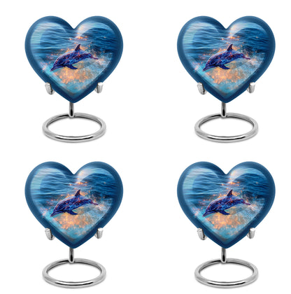 Sky Blue Dolphin Cremation Urn angled view of lid and engraved motif - heart-shaped dolphin design symbolizing eternal love - 10 inch aluminum urn for cremated remains