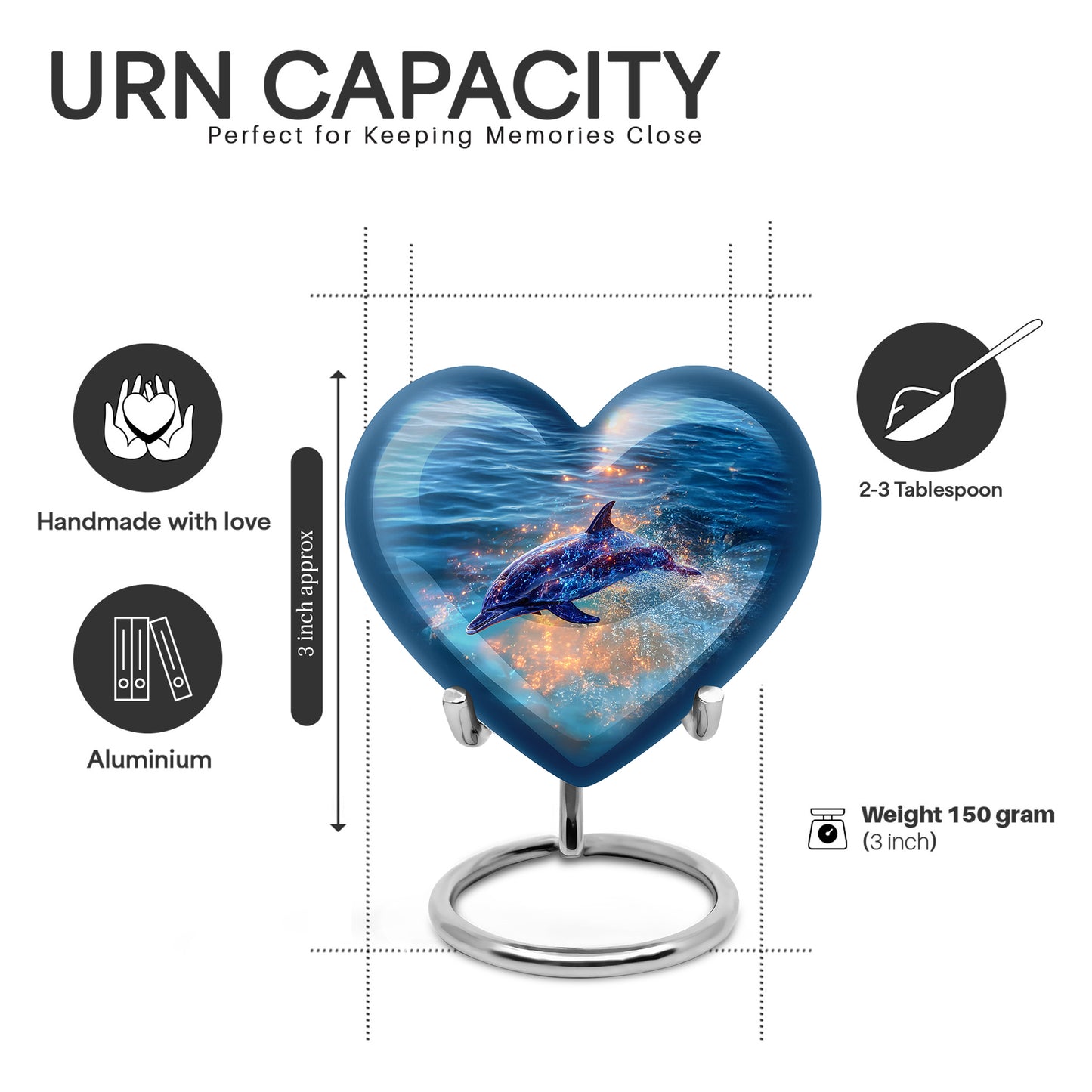 Navy Blue Dolphin Cremation Urn front view showing detailed design - heart-shaped dolphin design symbolizing eternal love - mini keepsake memorial for portion of cremation ashes