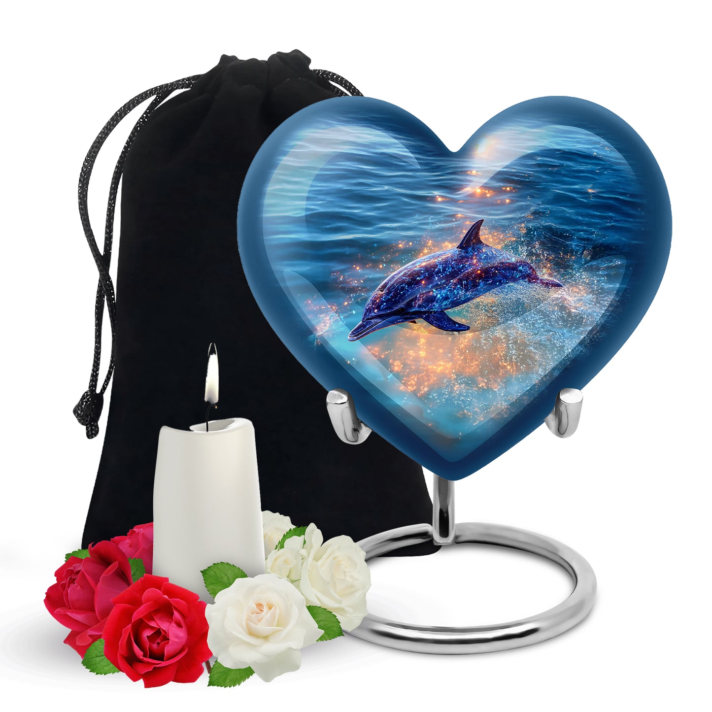 Calming Blue Dolphin Cremation Urn detail view - romantic heart urn with dolphin motif on aluminum - full-size 10 inch 200 cubic inch adult cremation urn