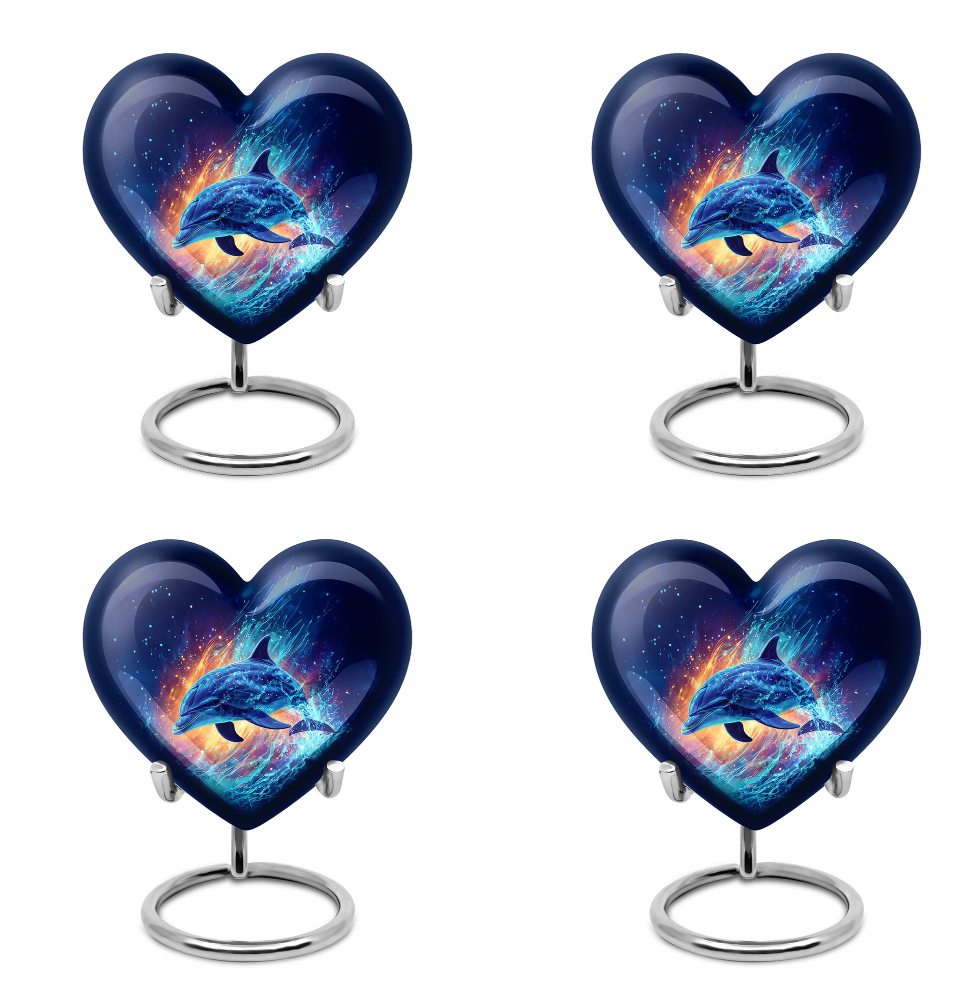 Soft Blue Dolphin Cremation Urn angled view of lid and engraved motif - romantic heart urn with dolphin motif on aluminum - 10 inch aluminum urn for cremated remains