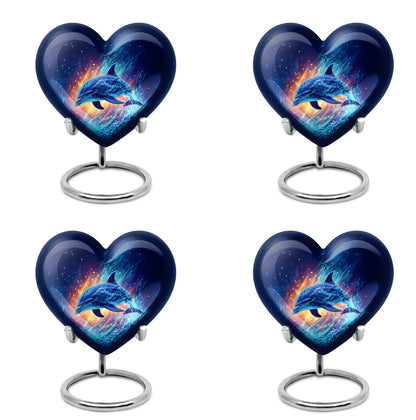 Soft Blue Dolphin Cremation Urn angled view of lid and engraved motif - romantic heart urn with dolphin motif on aluminum - 10 inch aluminum urn for cremated remains