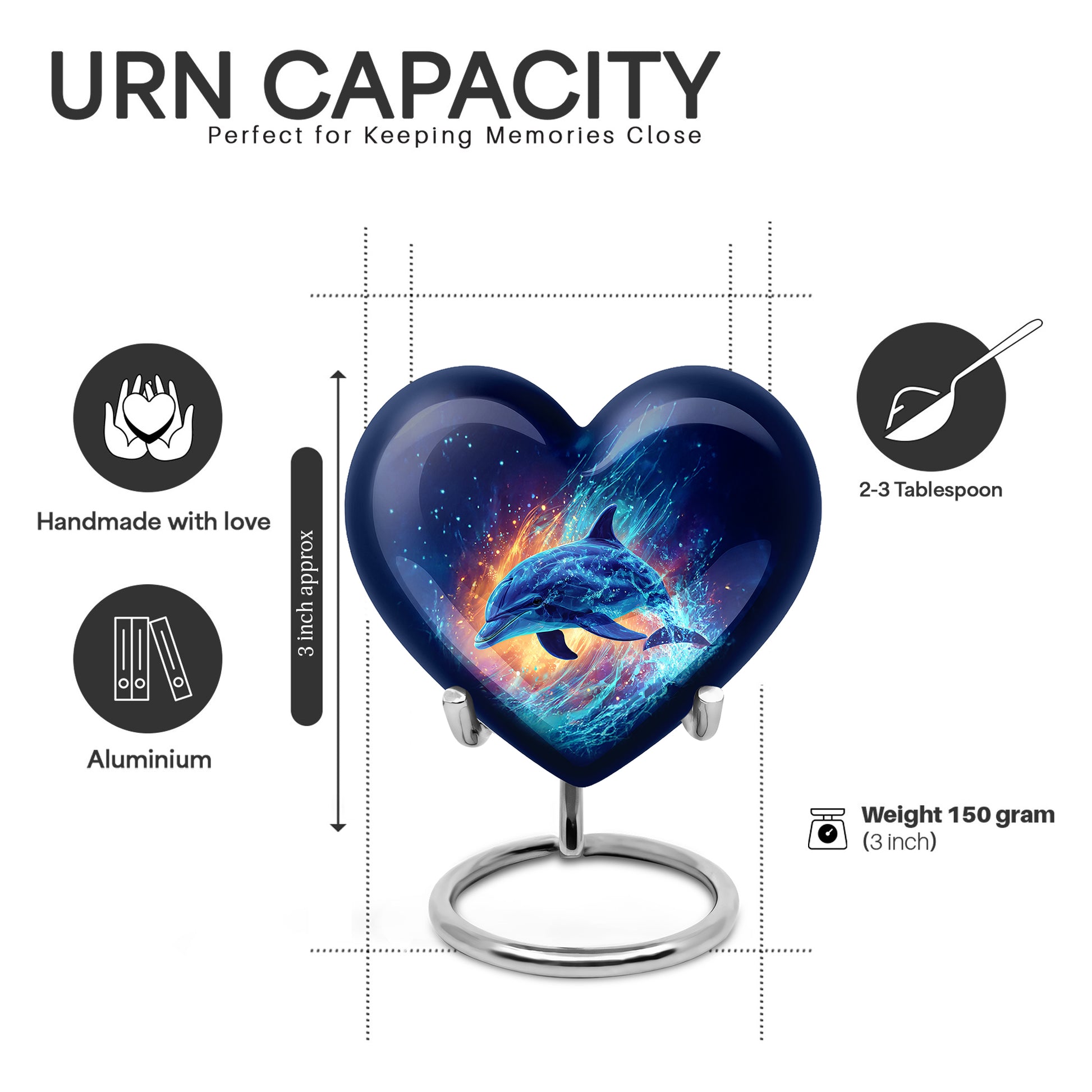 Sapphire Blue Dolphin Cremation Urn front view showing detailed design - romantic heart urn with dolphin motif on aluminum - mini keepsake memorial for portion of cremation ashes