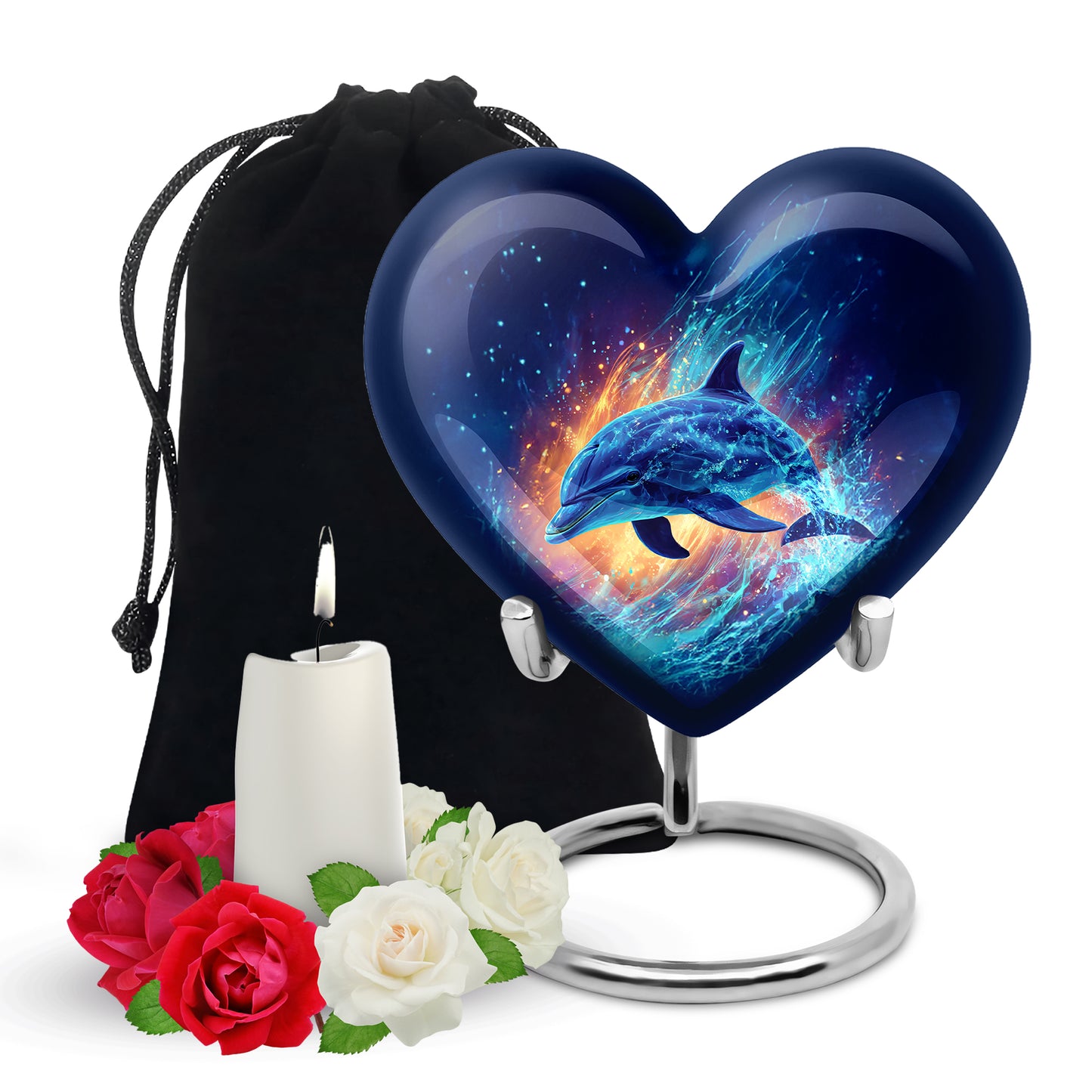 Misty Blue Dolphin Cremation Urn detail view - loving heart memorial featuring dolphin pattern - full-size 10 inch 200 cubic inch adult cremation urn
