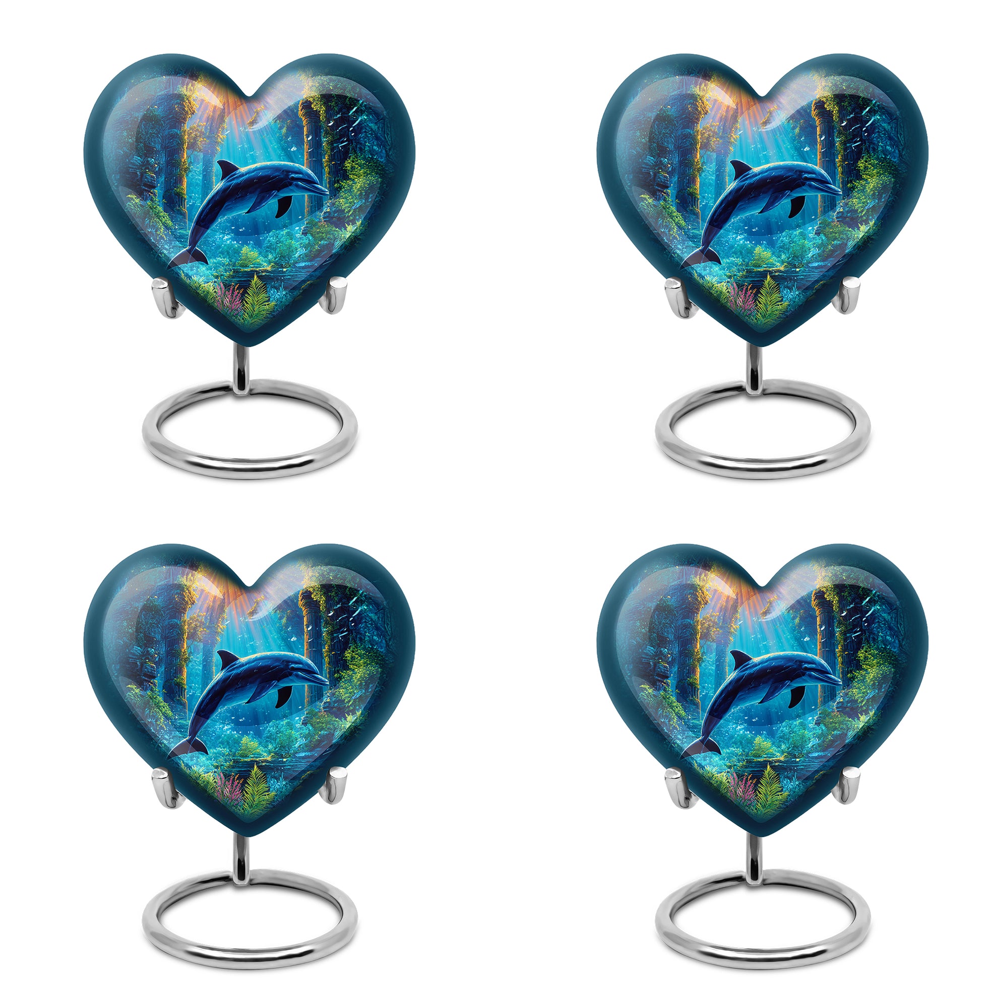 Storm Gray Dolphin Cremation Urn angled view of lid and engraved motif - compassionate heart-dolphin combination with gentle curves - 10 inch aluminum urn for cremated remains