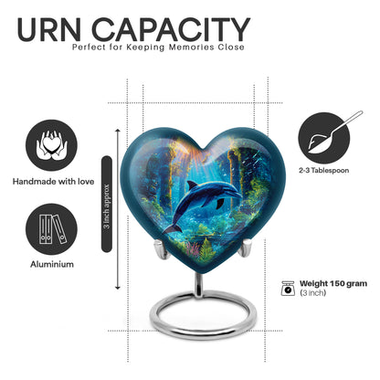 Silver Gray Dolphin Cremation Urn front view showing detailed design - heart-shaped dolphin design symbolizing eternal love - mini keepsake memorial for portion of cremation ashes