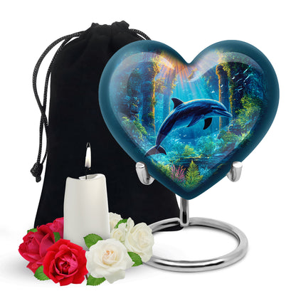 Storm Gray Dolphin Cremation Urn detail view - romantic heart urn with dolphin motif on aluminum - full-size 10 inch 200 cubic inch adult cremation urn