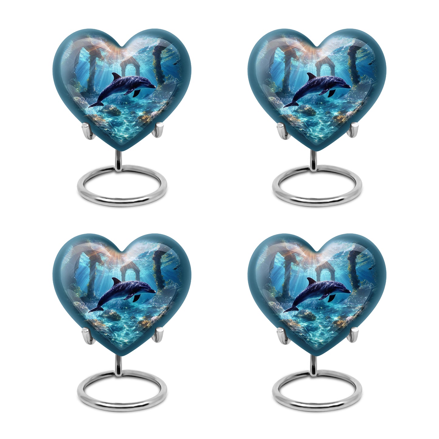 Cobalt Blue Dolphin Cremation Urn angled view of lid and engraved motif - compassionate heart-dolphin combination with gentle curves - 10 inch aluminum urn for cremated remains