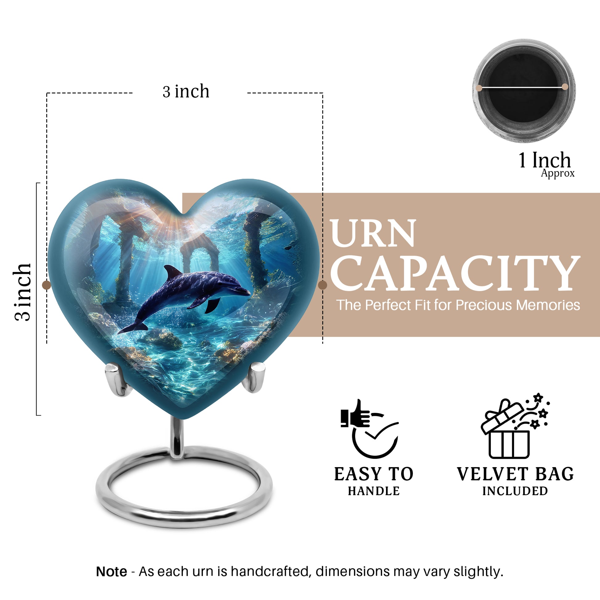 Azure Dolphin Cremation Urn front view showing detailed design - heart-shaped dolphin design symbolizing eternal love - mini keepsake memorial for portion of cremation ashes