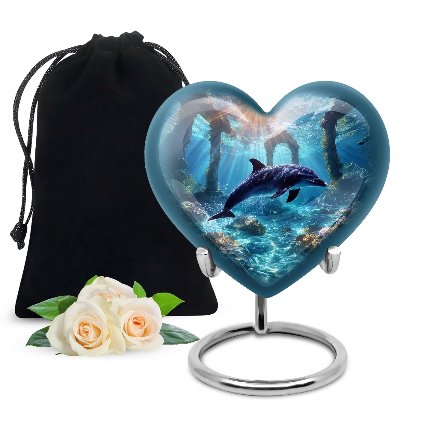 Icy Blue Dolphin Cremation Urn detail view - heart-shaped dolphin design symbolizing eternal love - full-size 10 inch 200 cubic inch adult cremation urn