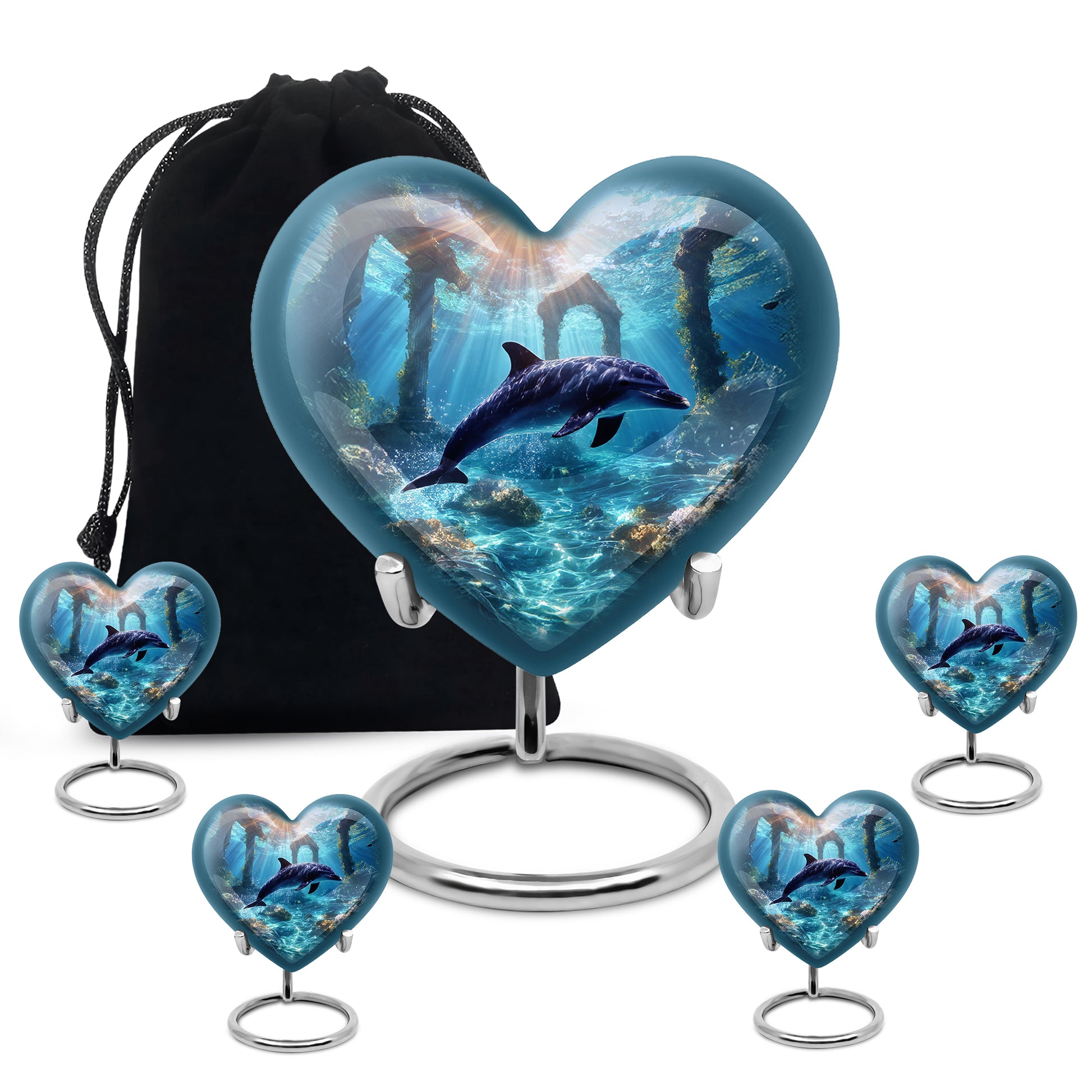 Calming Blue Dolphin Cremation Urn close-up of engraving and surface detail - compassionate heart-dolphin combination with gentle curves - memorial set with one large and four small urns
