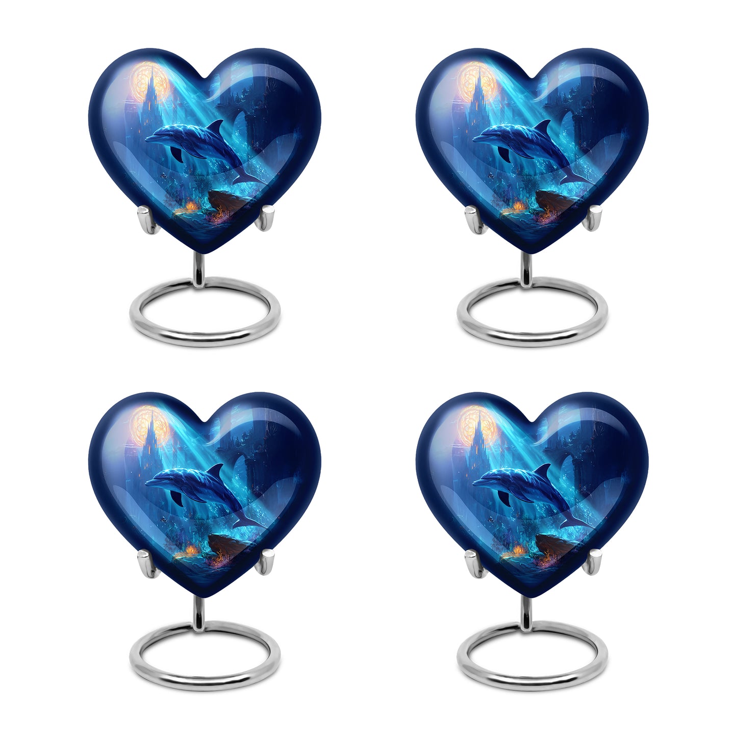 Sky Blue Dolphin Cremation Urn angled view of lid and engraved motif - loving heart memorial featuring dolphin pattern - 10 inch aluminum urn for cremated remains