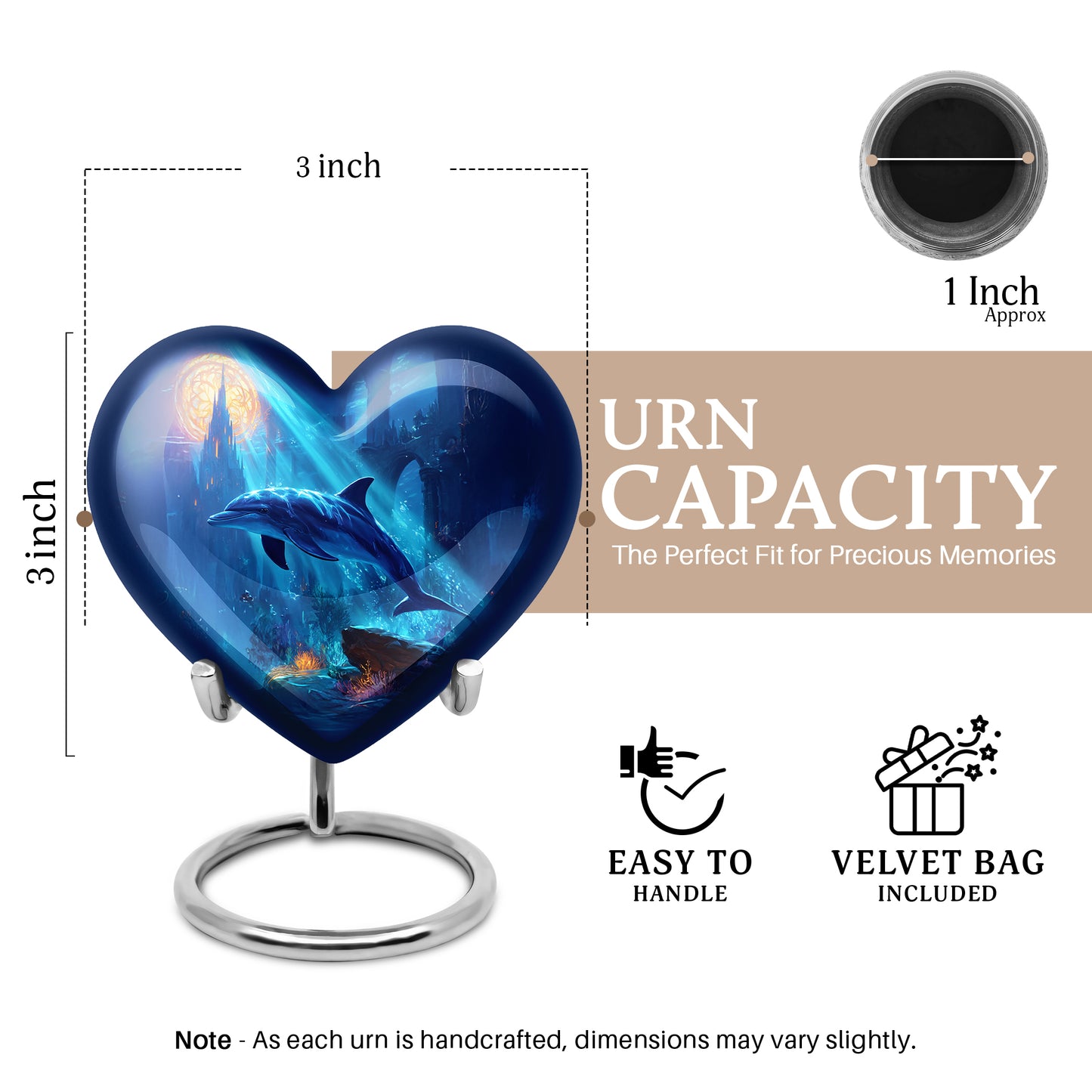 Icy Blue Dolphin Cremation Urn front view showing detailed design - loving heart memorial featuring dolphin pattern - mini keepsake memorial for portion of cremation ashes