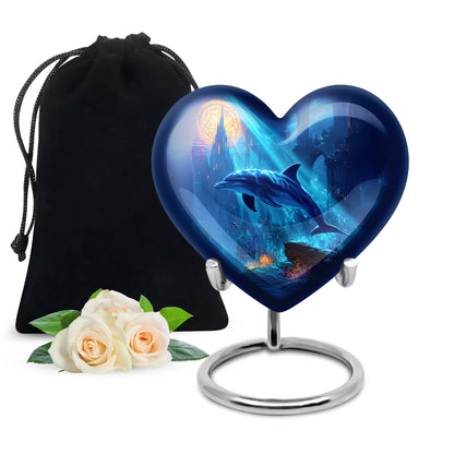 Serene Blue Dolphin Cremation Urn detail view - romantic heart urn with dolphin motif on aluminum - full-size 10 inch 200 cubic inch adult cremation urn