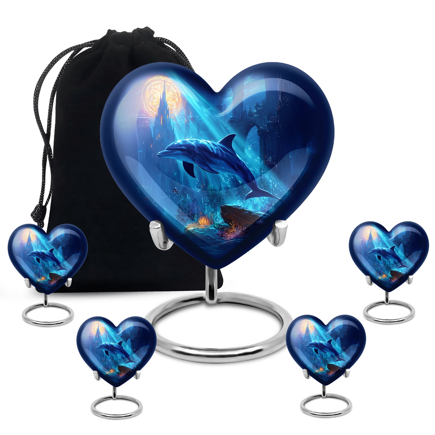Celestial Blue Dolphin Cremation Urn close-up of engraving and surface detail - heart-shaped dolphin design symbolizing eternal love - memorial set with one large and four small urns