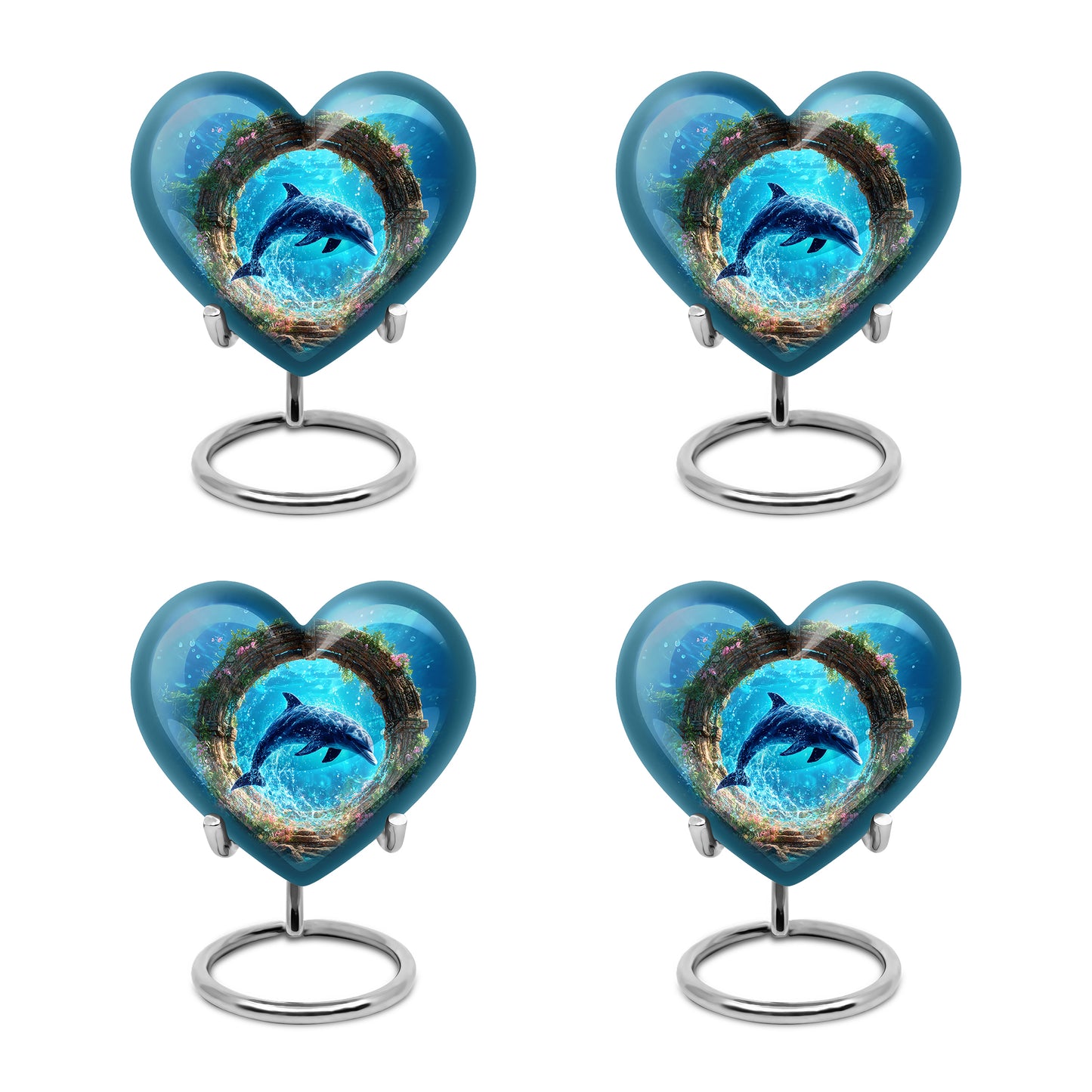 Pastel Blue Dolphin Cremation Urn angled view of lid and engraved motif - heart-shaped dolphin design symbolizing eternal love - 10 inch aluminum urn for cremated remains