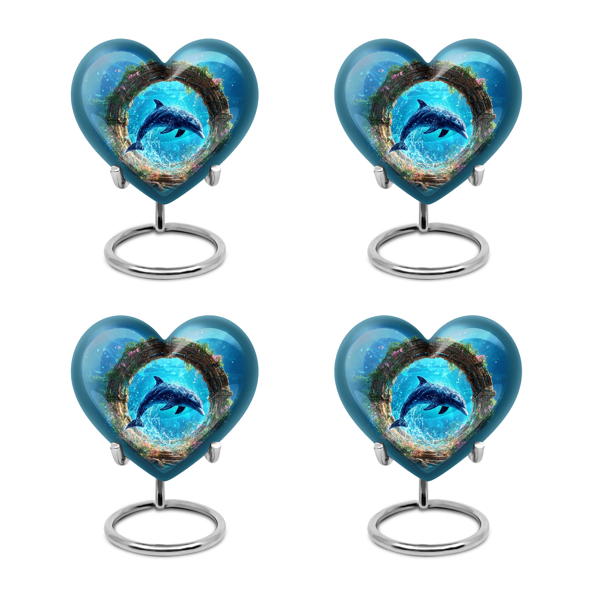 Pastel Blue Dolphin Cremation Urn angled view of lid and engraved motif - heart-shaped dolphin design symbolizing eternal love - 10 inch aluminum urn for cremated remains