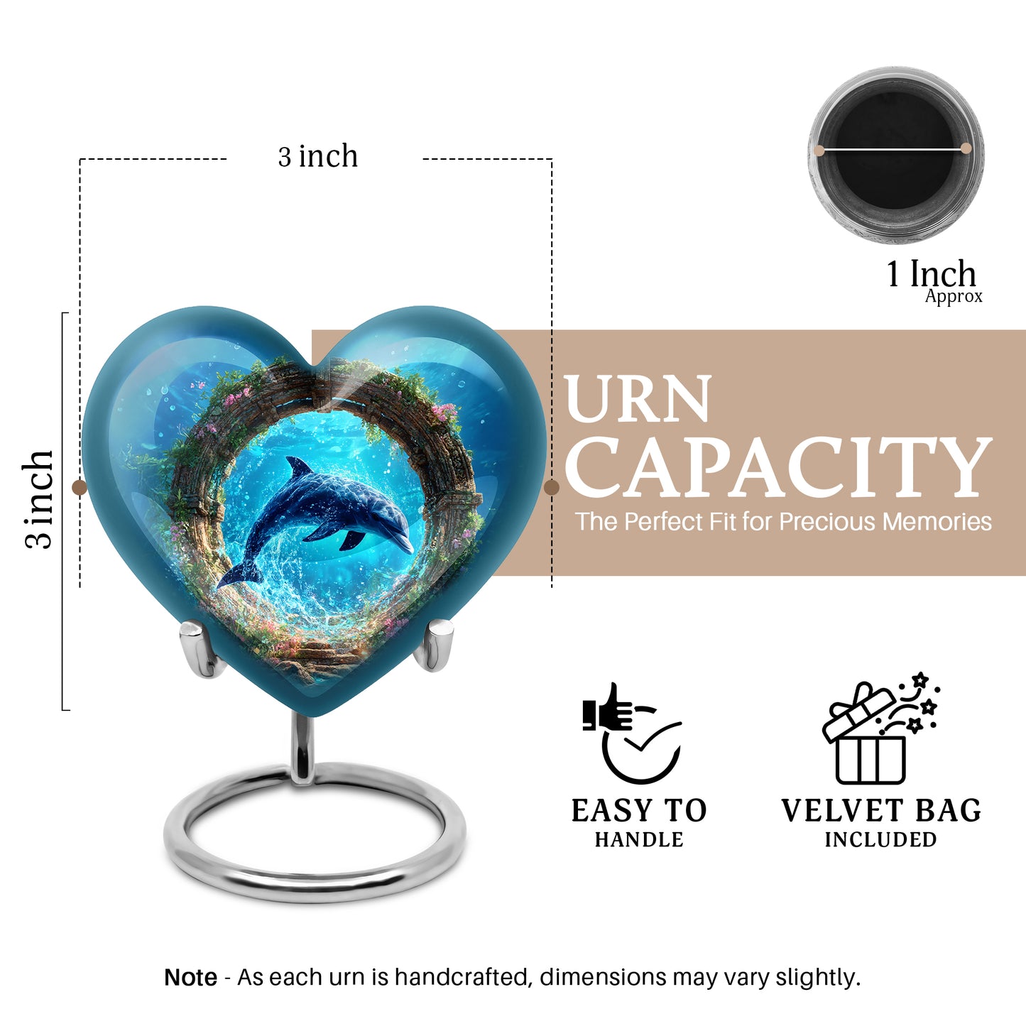 Royal Blue Dolphin Cremation Urn front view showing detailed design - romantic heart urn with dolphin motif on aluminum - mini keepsake memorial for portion of cremation ashes
