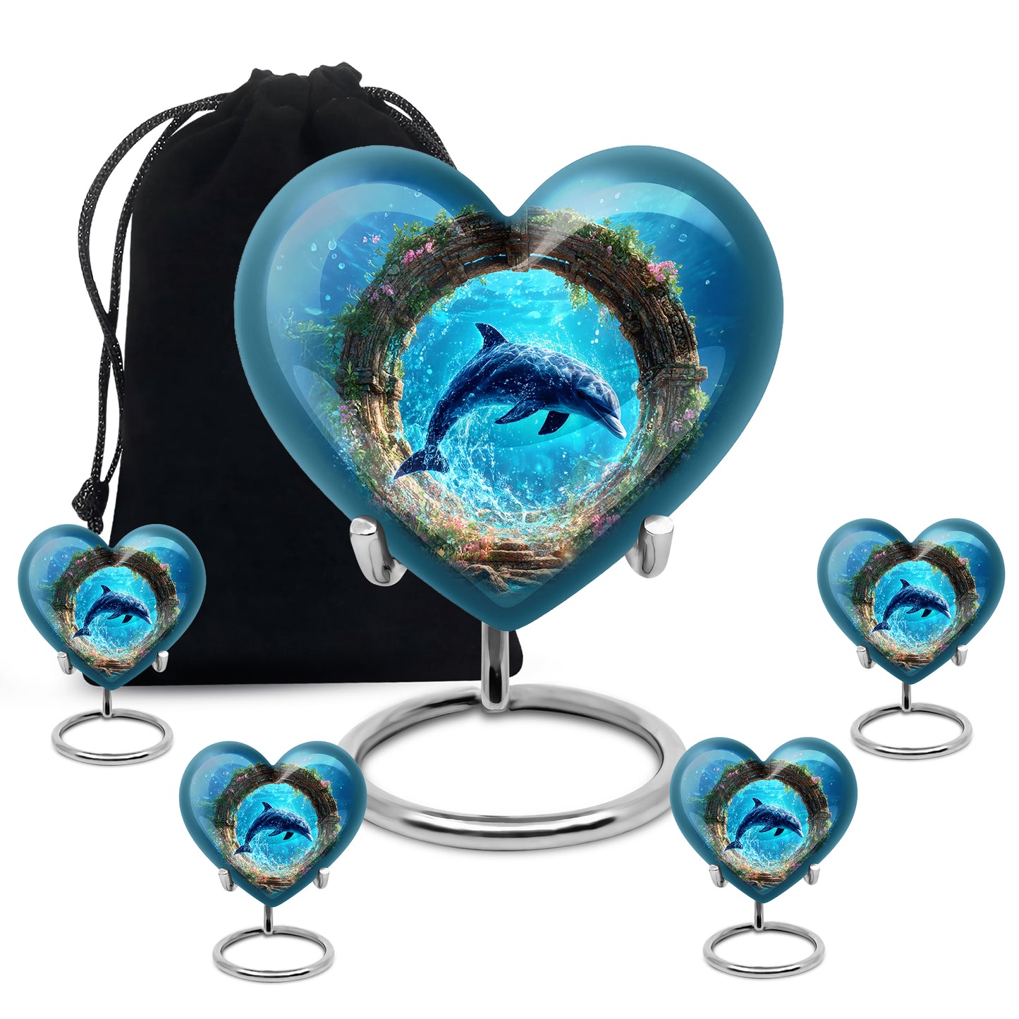 Azure Dolphin Cremation Urn close-up of engraving and surface detail - heart-shaped dolphin design symbolizing eternal love - memorial set with one large and four small urns