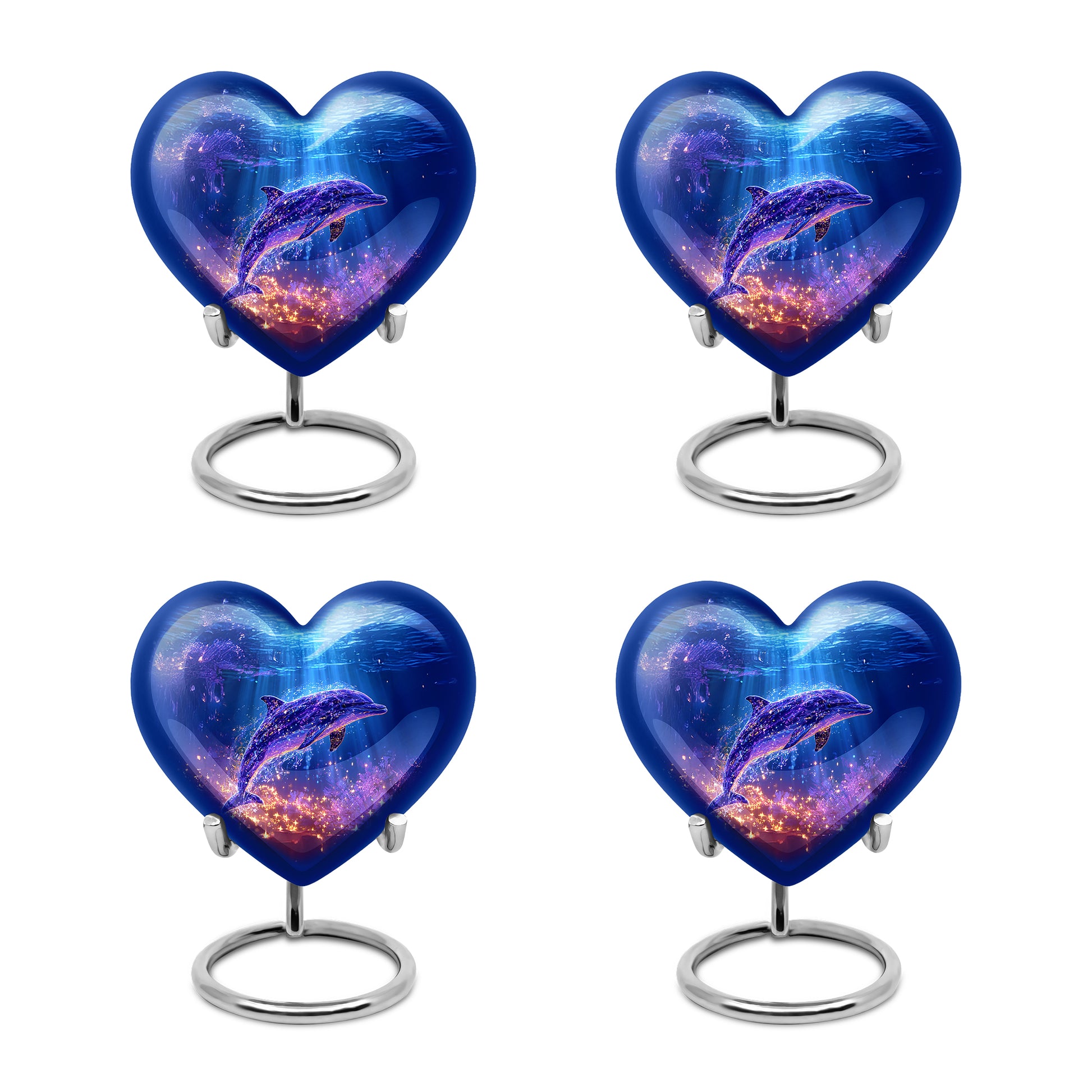 Vivid Blue Dolphin Cremation Urn angled view of lid and engraved motif - compassionate heart-dolphin combination with gentle curves - 10 inch aluminum urn for cremated remains