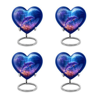 Vivid Blue Dolphin Cremation Urn angled view of lid and engraved motif - compassionate heart-dolphin combination with gentle curves - 10 inch aluminum urn for cremated remains