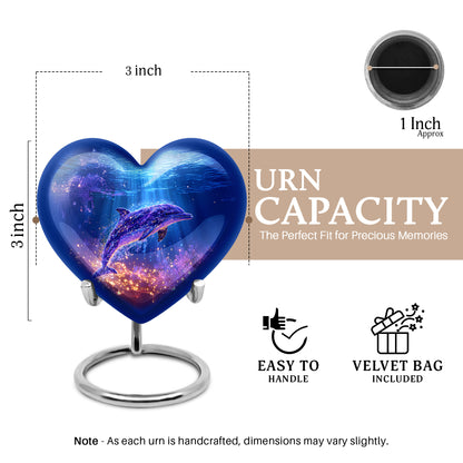 Icy Blue Dolphin Cremation Urn front view showing detailed design - loving heart memorial featuring dolphin pattern - mini keepsake memorial for portion of cremation ashes