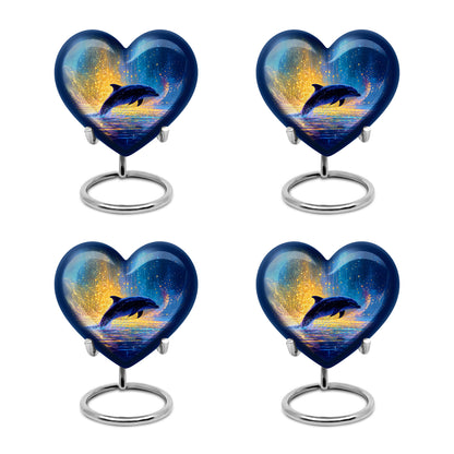 Slate Blue Dolphin Cremation Urn angled view of lid and engraved motif - heart-shaped dolphin design symbolizing eternal love - 10 inch aluminum urn for cremated remains