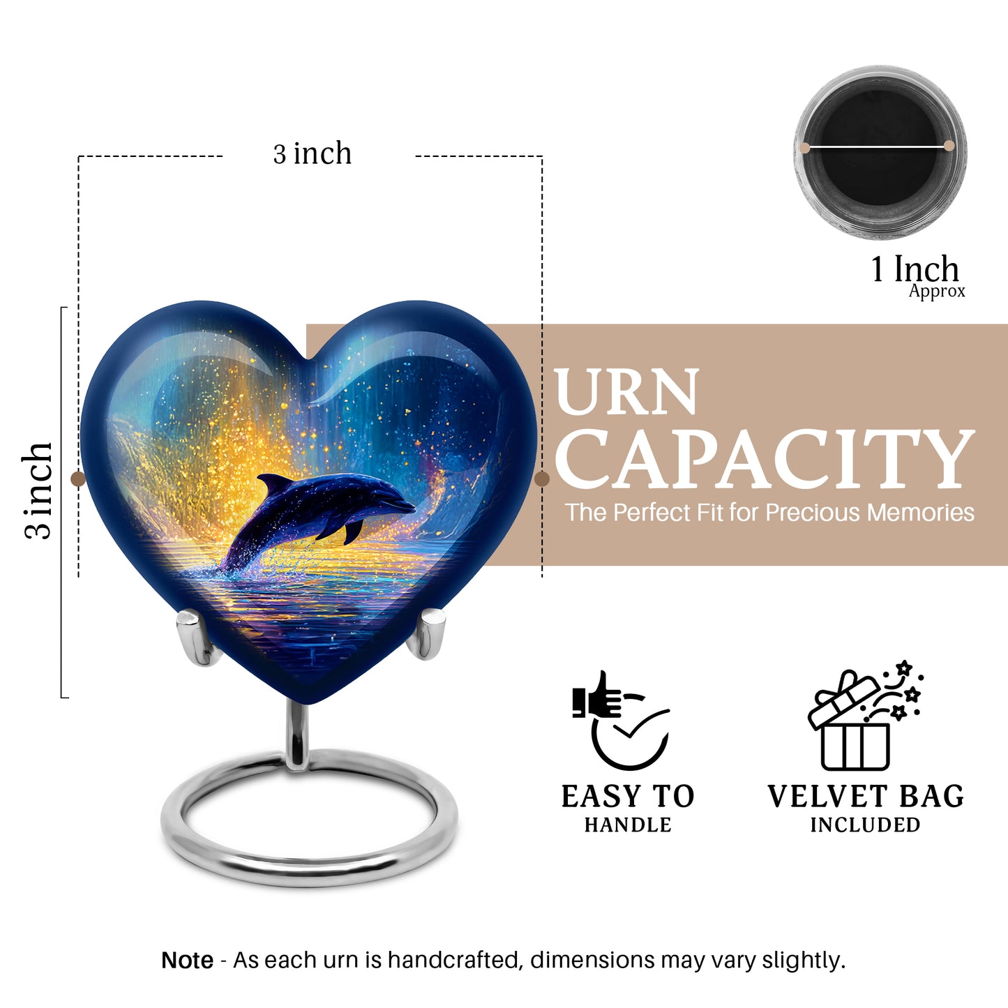 Serene Blue Dolphin Cremation Urn front view showing detailed design - compassionate heart-dolphin combination with gentle curves - mini keepsake memorial for portion of cremation ashes