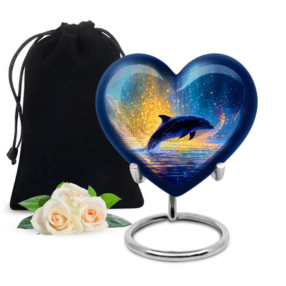 Azure Dolphin Cremation Urn detail view - loving heart memorial featuring dolphin pattern - full-size 10 inch 200 cubic inch adult cremation urn