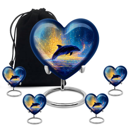 Celestial Blue Dolphin Cremation Urn close-up of engraving and surface detail - heart-shaped dolphin design symbolizing eternal love - memorial set with one large and four small urns
