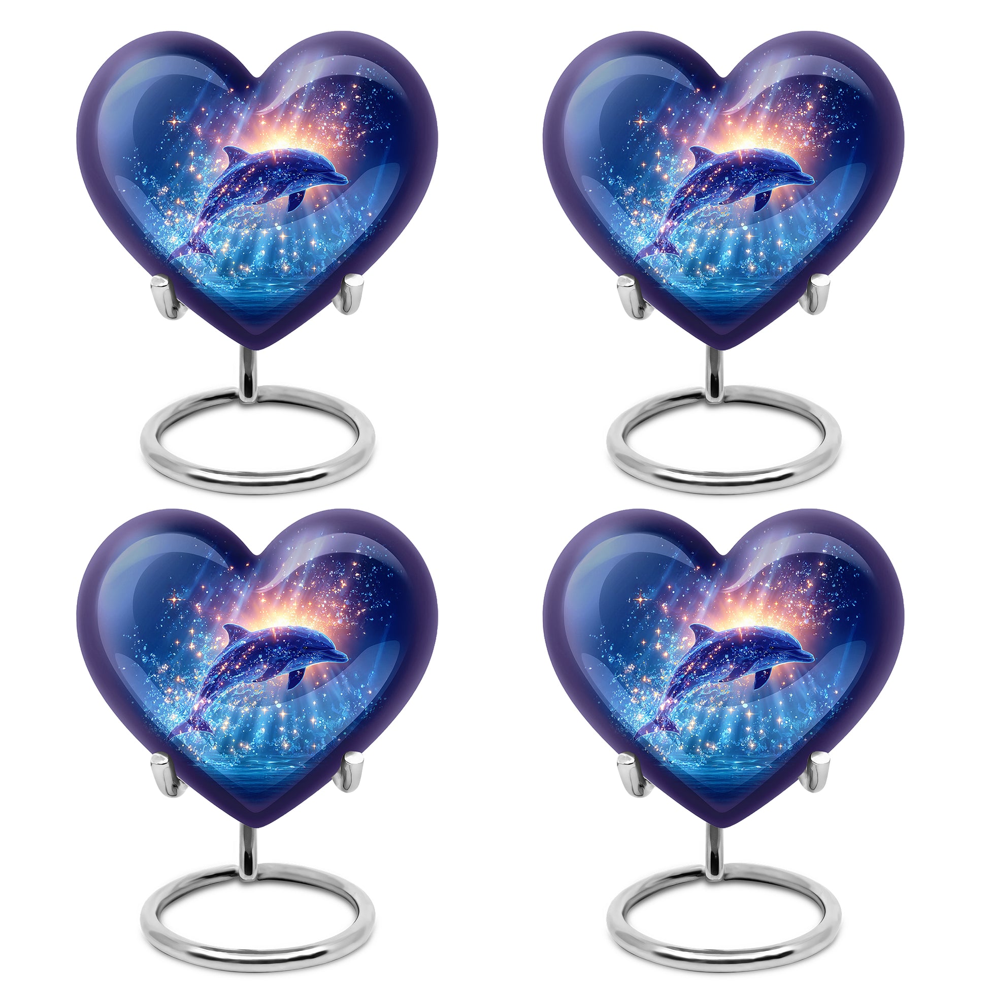 Pastel Blue Dolphin Cremation Urn angled view of lid and engraved motif - loving heart memorial featuring dolphin pattern - 10 inch aluminum urn for cremated remains