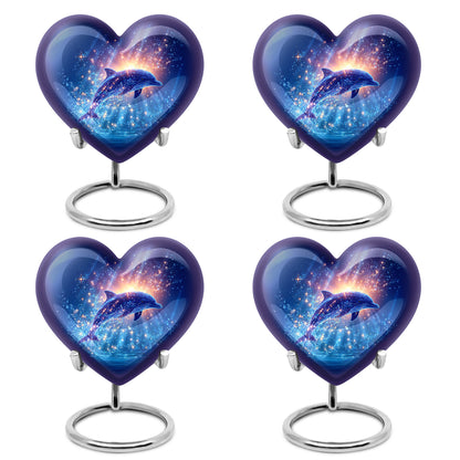 Pastel Blue Dolphin Cremation Urn angled view of lid and engraved motif - loving heart memorial featuring dolphin pattern - 10 inch aluminum urn for cremated remains
