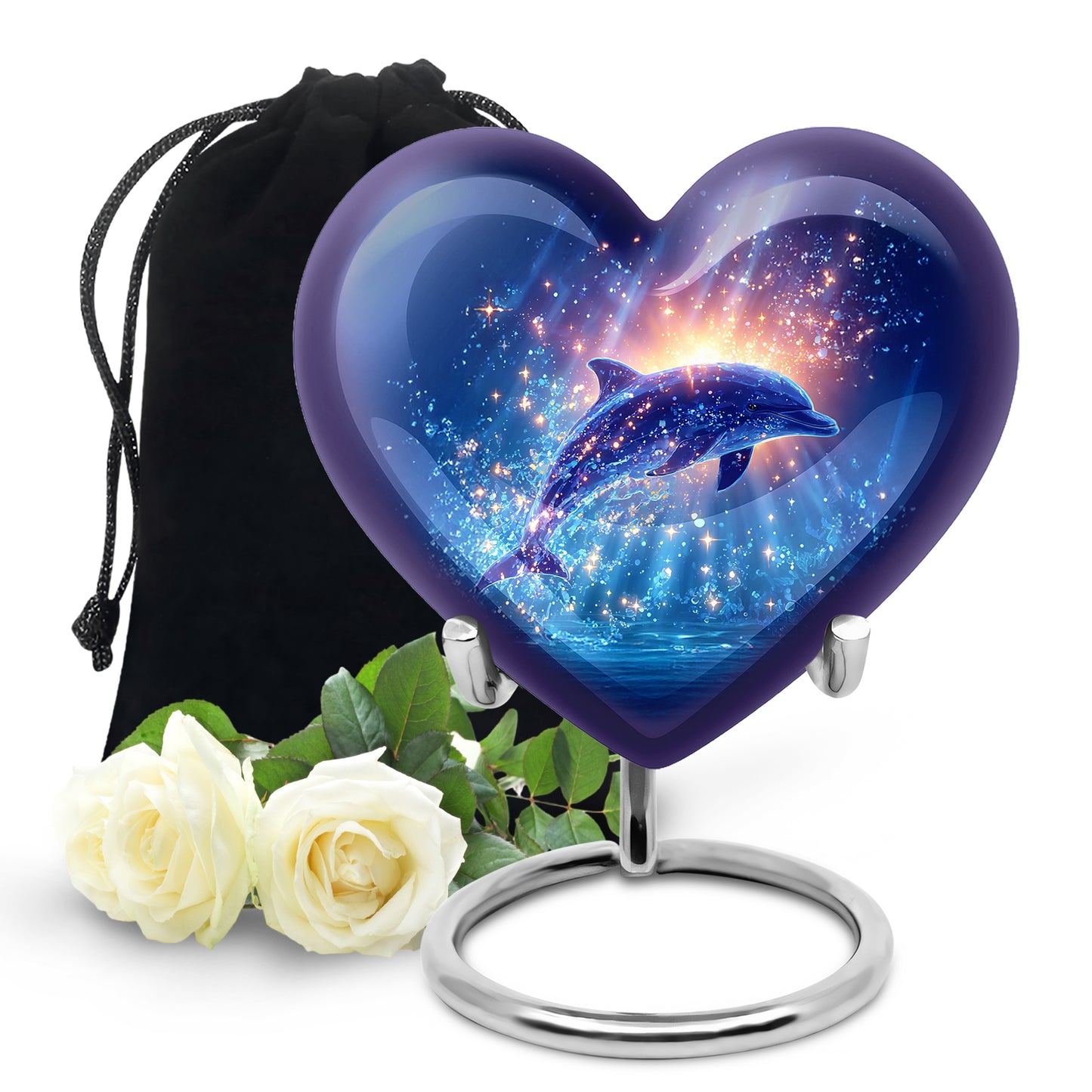 Pastel Blue Dolphin Cremation Urn detail view - heart-shaped dolphin design symbolizing eternal love - full-size 10 inch 200 cubic inch adult cremation urn