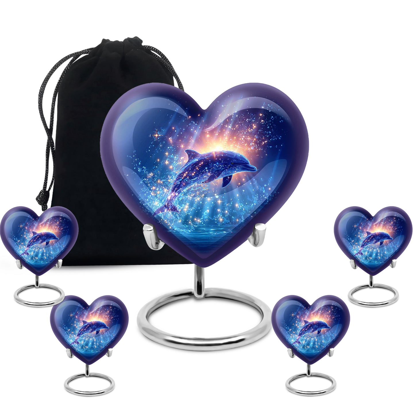 Twilight Blue Dolphin Cremation Urn close-up of engraving and surface detail - romantic heart urn with dolphin motif on aluminum - memorial set with one large and four small urns