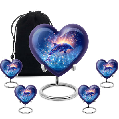 Twilight Blue Dolphin Cremation Urn close-up of engraving and surface detail - romantic heart urn with dolphin motif on aluminum - memorial set with one large and four small urns
