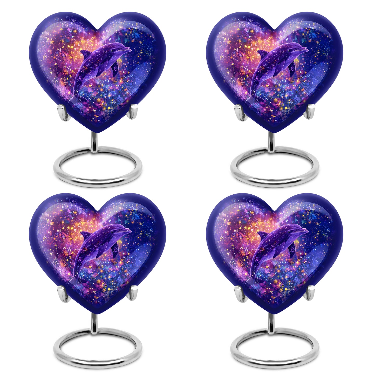 Royal Blue Dolphin Cremation Urn angled view of lid and engraved motif - romantic heart urn with dolphin motif on aluminum - 10 inch aluminum urn for cremated remains