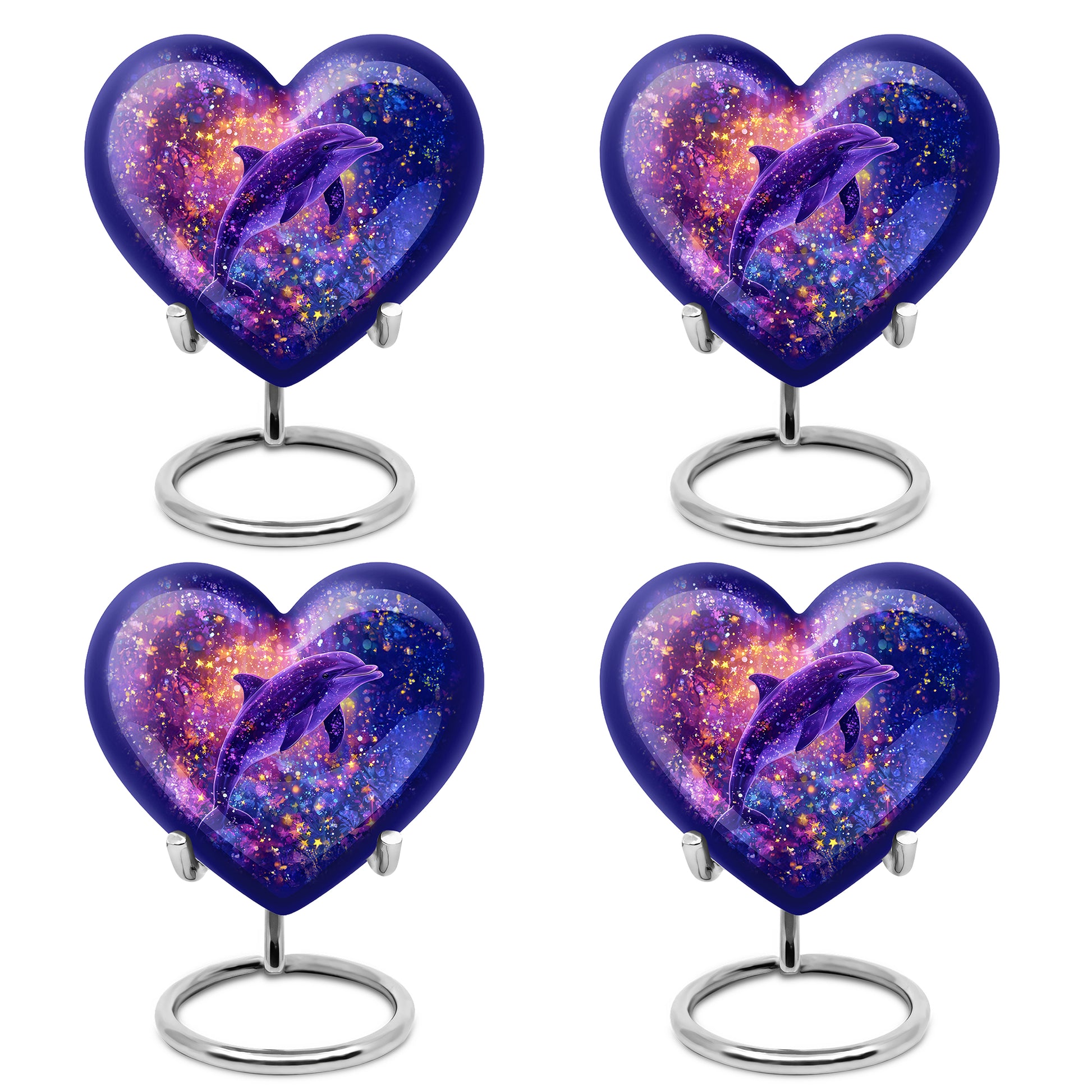 Royal Blue Dolphin Cremation Urn angled view of lid and engraved motif - romantic heart urn with dolphin motif on aluminum - 10 inch aluminum urn for cremated remains