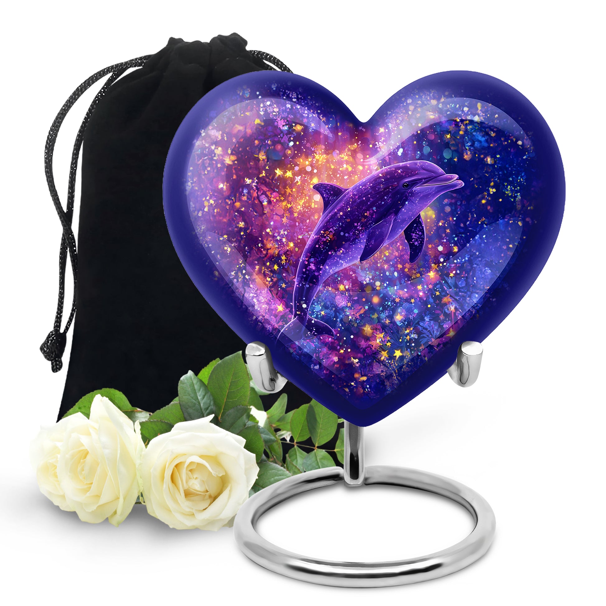 Azure Dolphin Cremation Urn detail view - loving heart memorial featuring dolphin pattern - full-size 10 inch 200 cubic inch adult cremation urn