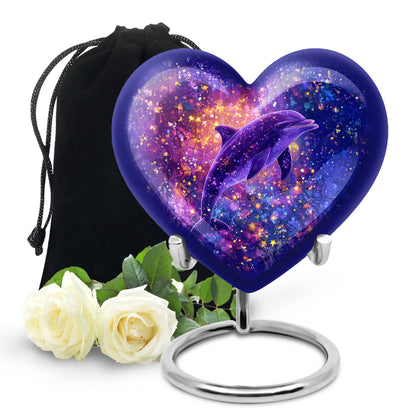 Azure Dolphin Cremation Urn detail view - loving heart memorial featuring dolphin pattern - full-size 10 inch 200 cubic inch adult cremation urn