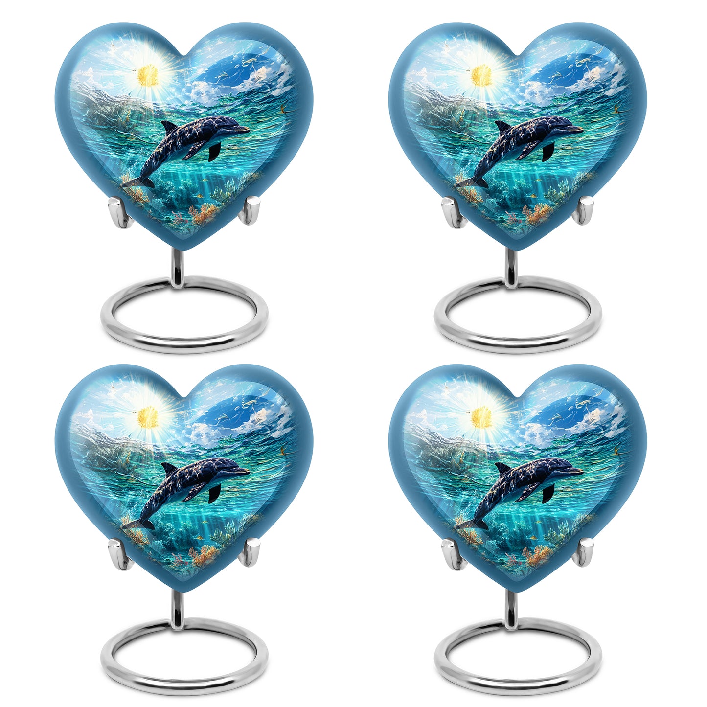 Celestial Blue Dolphin Cremation Urn angled view of lid and engraved motif - heart-shaped dolphin design symbolizing eternal love - 10 inch aluminum urn for cremated remains
