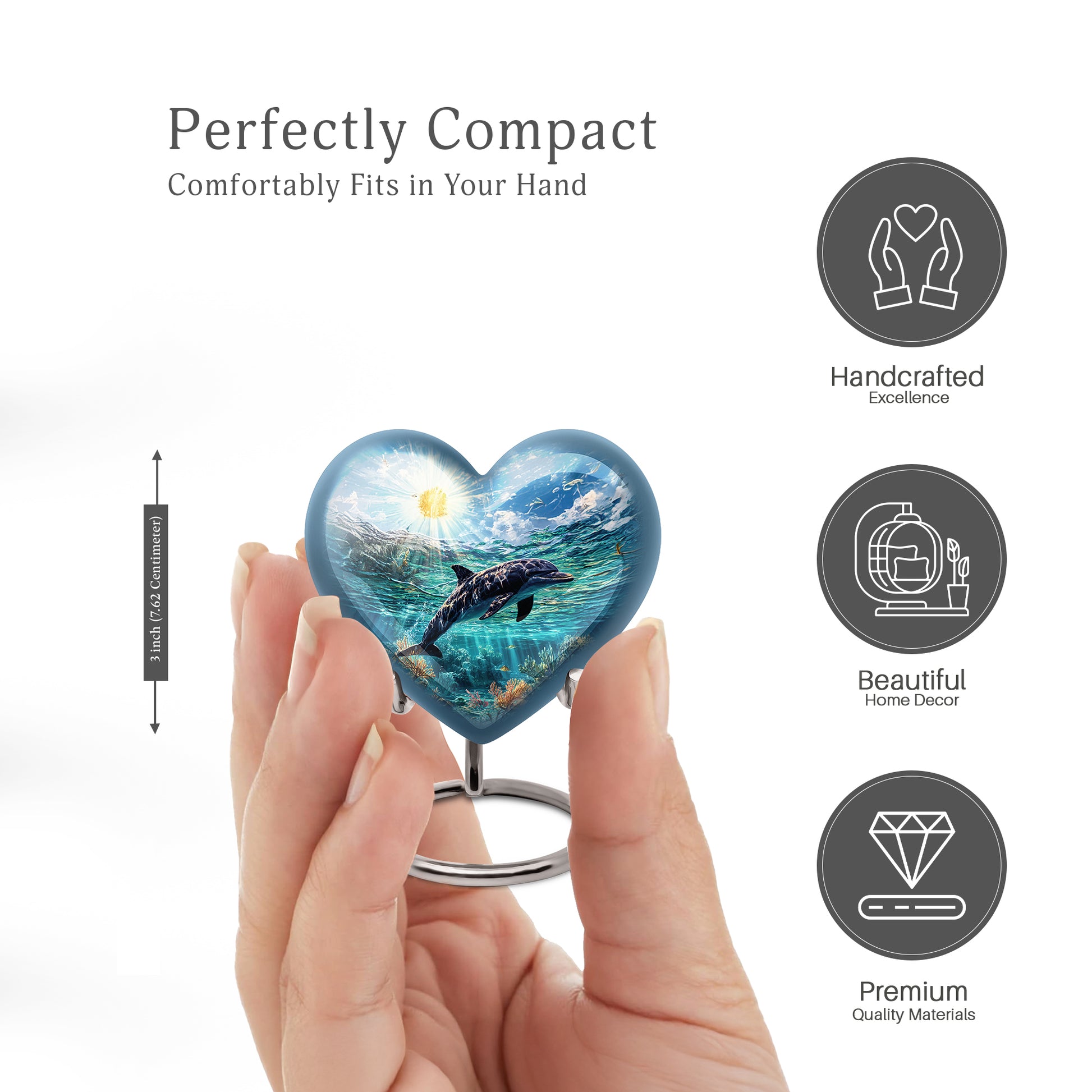 Misty Blue Dolphin Cremation Urn front view showing detailed design - loving heart memorial featuring dolphin pattern - mini keepsake memorial for portion of cremation ashes